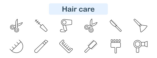 Hair care set icon. Scissors, brush, dryer, comb, spray, straightener, hair, barber, grooming, salon, styling, cut, beauty, care, tool, clipper, personal, hygiene, fashion, treatment.