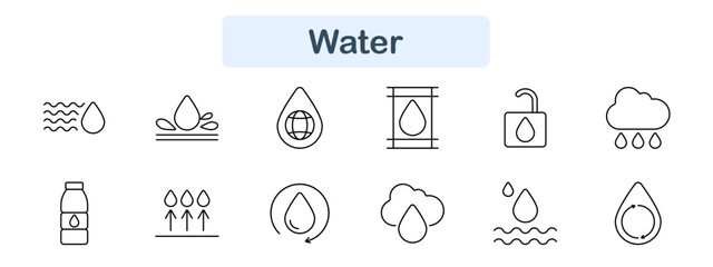 Water set icon. Drop, waves, splash, globe, lock, cloud, bottle, arrows, H2O, cycle, conservation, purity, liquid, hydrate, eco, rain, moisture, flow, nature, clean.