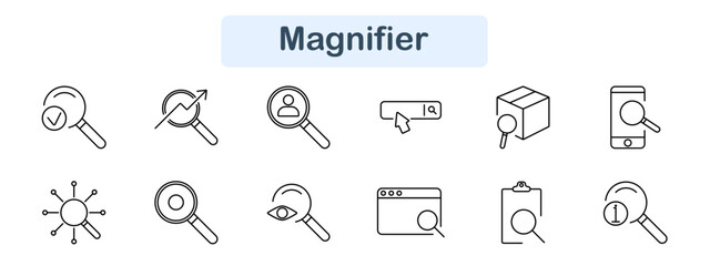 Magnifier set icon. Search, zoom, analysis, check, find, inspect, explore, research, lens, look, view, magnify, discovery, inspect, identification, inquiry, focus, glass, scan, investigation.