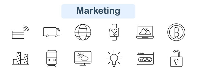 Marketing set icon. Credit card, truck, globe, smartwatch, laptop, bitcoin, graph, train, forecast, idea, website, lock, digital, online, commerce, finance, tech, internet, symbol, data.