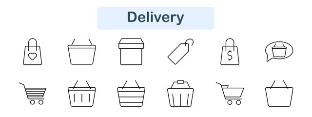 Delivery set icon. Shopping bag, basket, cart, package, tag, box, retail, purchase, commerce, sale, store, product, online, checkout, order, logistics, payment, shipping, digital.