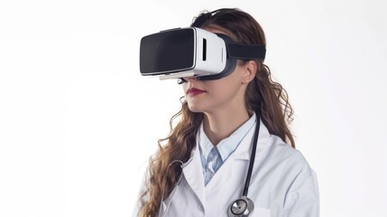 A female medical professional wearing a lab coat and a stethoscope is using a virtual reality headset, likely exploring a medical simulation or training module.