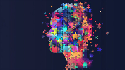 Colorful puzzle head silhouette on dark background, mental health concept
