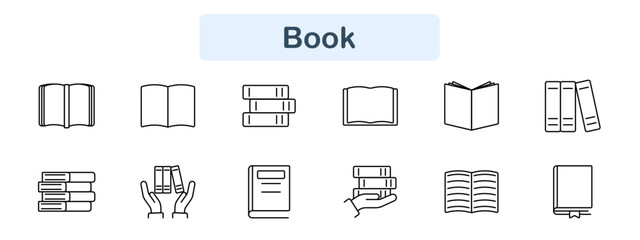 Book set icon. Open book, stack of books, reading, hands, bookmark, education, knowledge, library, literature, study, information, school, digital, paper, academic, learning, education.