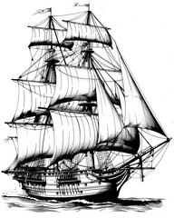 A large ship sails in the ocean with a white sail. The ship is the size of a small town and is surrounded by water