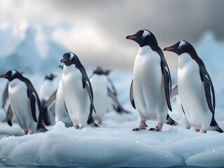 Obraz premium Gentoo penguins standing on ice with a cloudy sky backdrop in Antarctica during the early morning hours