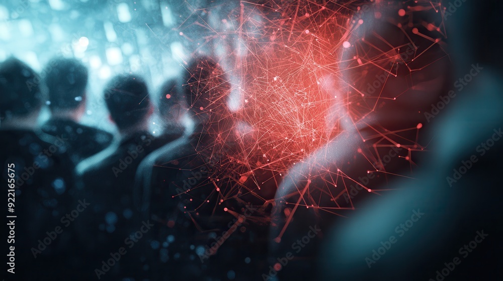 Poster exploring the intersection of humanity and technology in a surreal digital landscape of connections 