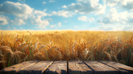 Close up of an empty wooden table on a wheat field background with copy space for text or product.
