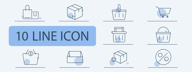 Shopping bags, delivery box, shopping basket, cart, basket with items, price tag, discount box, heart on delivery box, open box, percentage sign