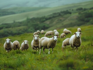 Fototapeta premium A flock of sheep grazing in a green meadow on a cloudy day