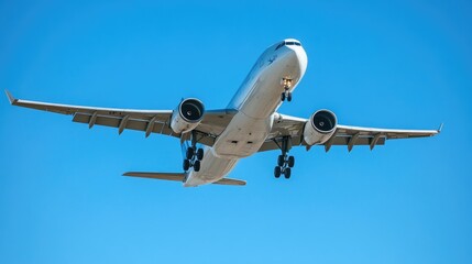 A civil jet airliner takes off, its powerful engines roaring as it ascends into a clear blue sky, representing the marvel of modern aviation