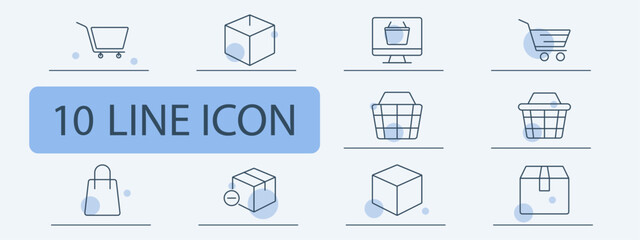 Shopping set icon. Basket, cart, discount, box, package, sale, bag, checkout, commerce, store, purchase, retail, vector, graphic, shopping.