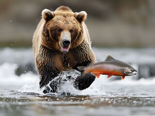 Obraz premium Grizzly bear catches salmon while splashing through river water in the wilderness during summer