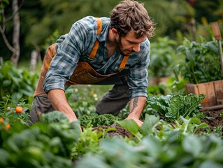 Fototapeta premium A gardener tending to a vibrant vegetable patch filled with greens and tomatoes during the daylight hours