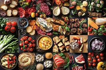 Food photography collage showcasing a wide variety of cooked and raw dishes with vegetables, fruits, meat, pasta, and other ingredients