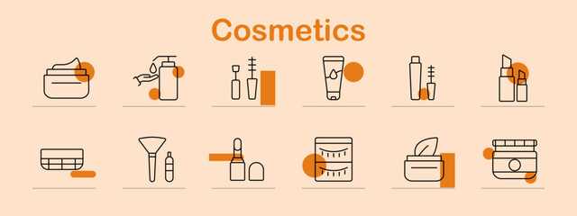Cosmetics set icon. Cream, lotion, makeup brush, lipstick, eyeshadow, mascara, foundation, skincare, beauty products, personal care, hygiene, self-care, grooming, cosmetics, daily routine, facial care