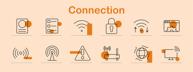 Connection set icon. Wi-Fi, signal, antenna, router, lock, upload, download, error, globe, internet, networking, connection, wireless, technology, security, online, access, digital, network, web.