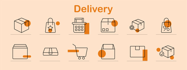 Delivery set icon. Package, shopping bag, basket, cart, ecommerce, box, online order, shipment, product delivery, shipping, store, logistics, retail, courier, purchase, consumer goods, inventory