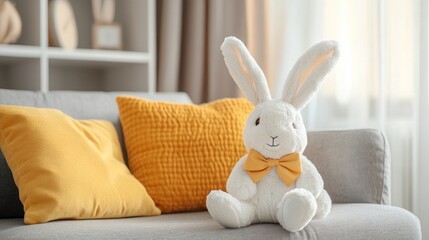 Plush Bunny Sitting on a Sofa with Yellow Pillows