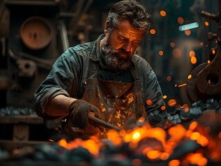 Blacksmith working in a dimly lit forge, shaping metal with sparks flying during an evening session