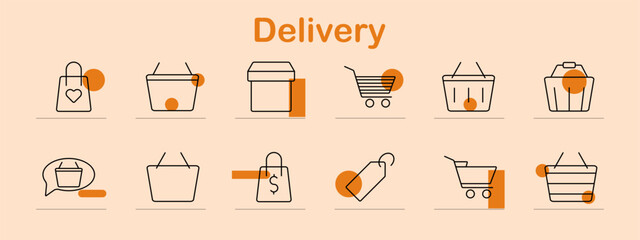 Delivery icon set. Shopping bag, basket, box, cart, tag, speech bubble, heart, money bag, online shopping, retail, package, purchase, ecommerce, consumer goods, service, transaction, shipping.