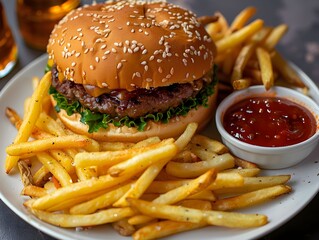 A freshly prepared hamburger with sesame bun served with golden fries and dipping sauce on a restaurant table