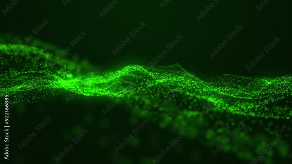 Poster digital waves of green particles create magical ripples. virtual reality cyberspace. creative soft b