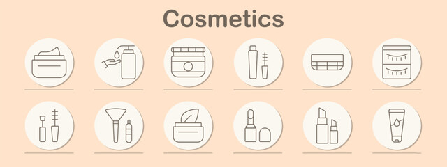 Cosmetics set icon. Shampoo, lotion, perfume, nail polish, soap, conditioner, serum, skincare, wellness, beauty, hygiene, self-care, grooming, cosmetics, product, hair, body, health