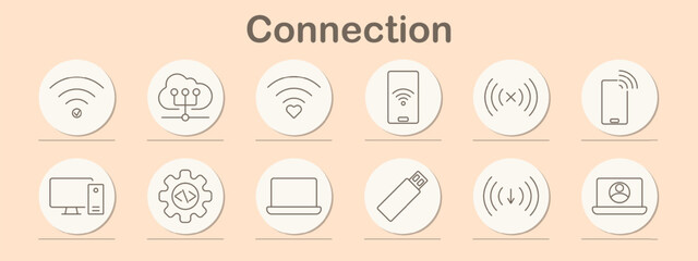 Connection set icon. Globe, Wi-Fi, video, location, lock, cloud, broadcast, monitor, profile, network, wireless, internet, connection, digital, online, communication, security, icon, remote, signal