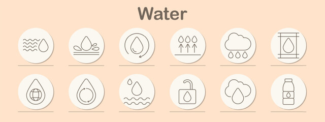 Water set icon. Droplet, waves, bottle, glass, irrigation, filtration, H2O, evaporation, purity, molecular structure, environment, sustainability, hydration, skin care, beverage