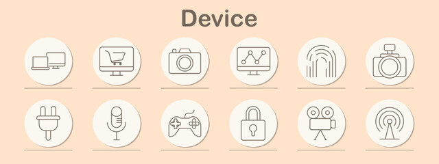 Device set icon. Computer, monitor, shopping cart, plug, antenna, camera, graph, game controller, microphone, lock, fingerprint, technology, electronics, security, online, network, media, digital