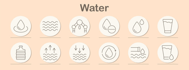 Water set icon. Droplet, waves, bottle, glass, irrigation, filtration, H2O, evaporation, purity, molecular structure, environment, sustainability, hydration, skin care, beverage