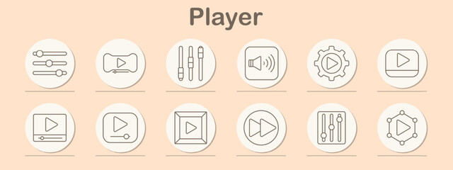 Player set icon Audio controls, play button, playlist, speaker, settings, media player, equalizer, volume, sound, interface, music, video, streaming, playback, sound control, multimedia, entertainment