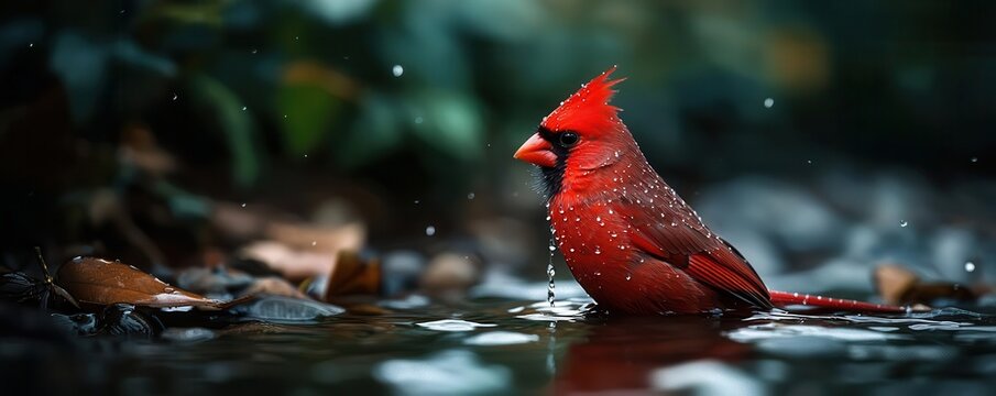 A cardinal bathing in a shallow stream, its vibrant red feathers glistening with water droplets, photorealistic