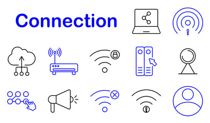 Connection set icon. Laptop, cloud, router, Wi-Fi, lock, database, webcam, communication, digital security, online storage, technology, signal, network, cloud computing, connectivity, internet.