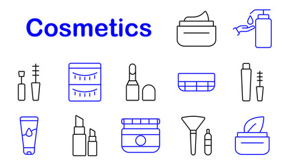 Cosmetics set icon. Cream, mascara, eyelash, brush, serum, makeup, skincare, beauty, hygiene, grooming, lotion, wellness, liquid, facial, fragrance, personal care, moisturizer, cosmetics.