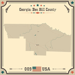 Large and accurate map of Ben Hill County, Georgia, USA with vintage colors.