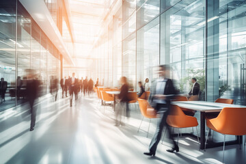 Bright business workplace with people in walking in blurred motion in modern office space
