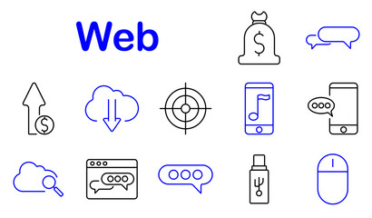 Web set icon. Cloud, upload, download, target, chat, money, mobile, arrow, mouse, speech bubble, communication, messaging, internet, financial, connection.