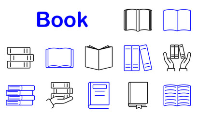 Book set icon. Stack, open, closed, pages, hands, reading, literature, library, learning, education, cover, textbook, knowledge, study, publishing, storage.