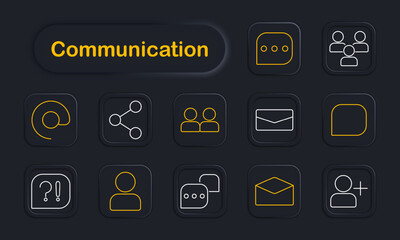 Communication set icon. User, message, group, email, alert, share, envelope, bubble, interaction, notification, people, digital, connection, network, interface.