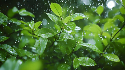 After a lot of rain stops, the leaves wet with rainwater are shaking against the falling water. The feeling of greenness that spring begins