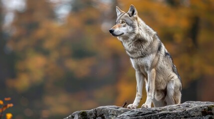 Obraz premium A wolf standing in a forest, looking at the camera.