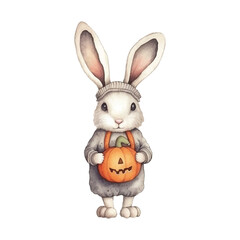 Cute little bunny holding a pumkins halloween watercolor vector illustration, white background