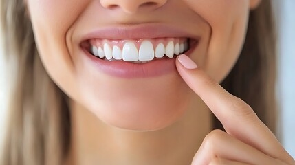 Fototapeta premium A close-up shot of a woman's bright white smile, with her finger gently touching her lower lip. The image exudes confidence and beauty.