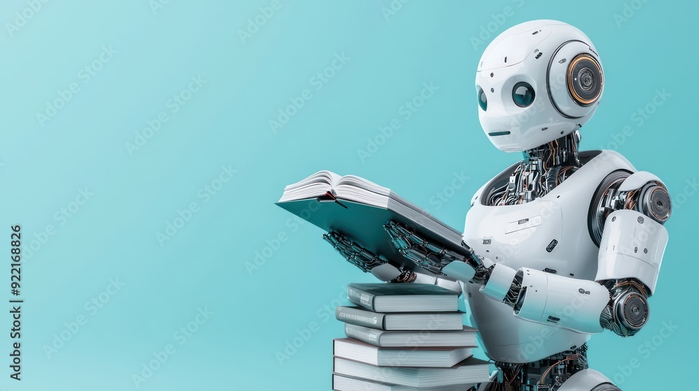Aufkleber digitizing knowledge: ai-powered robot librarian organizing the digital library, generative ai