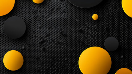 "Trendy composition of yellow and black circles on a dark metallic perforated texture background. Technology geometric illustration. Vector header banner."