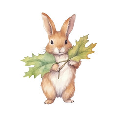 Watercolor cute bunny holding maple leaf autumn vibe vector illustration, white background
