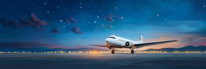 Naklejka premium Vintage DC-3 Airplane on Tarmac with Dramatic Clouds and Desert Landscape