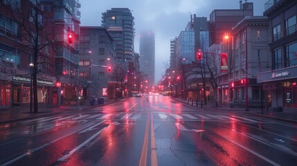Obraz premium An empty city street in the early morning, with no cars or pedestrians in sight, highlights the feeling of urban loneliness and quiet moments.